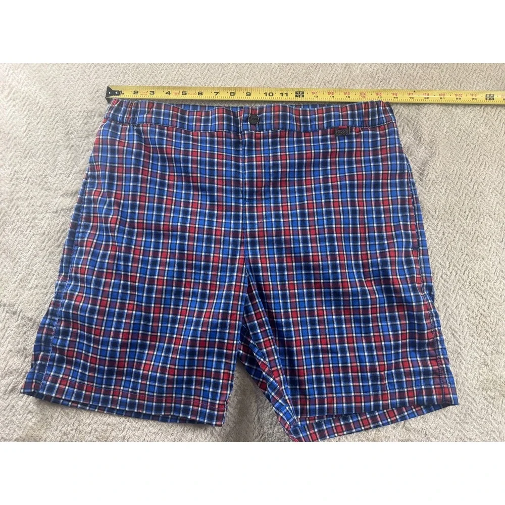 Hugo Boss Crocodile Shark Board Shorts Mens L Blue Red Plaid Mesh Built-In Brief